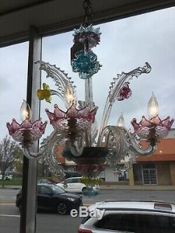 Vintage Hand Blown Murano Glass Chandelier Flowers Leaves