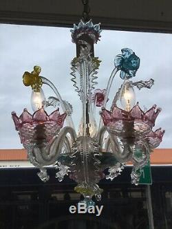 Vintage Hand Blown Murano Glass Chandelier Flowers Leaves