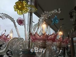 Vintage Hand Blown Murano Glass Chandelier Flowers Leaves