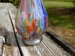 Vintage Hand Blown Murano Glass Millefiori Applied Handle Vase Made in Itay