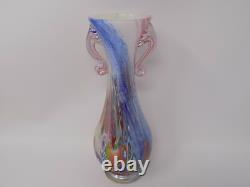 Vintage Hand Blown Murano Glass Millefiori Applied Handle Vase Made in Itay