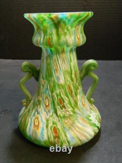 Vintage Hand Blown Murano Green Millefiori Handled Art Glass Vase 5.75x4.5 Exc