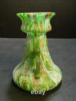 Vintage Hand Blown Murano Green Millefiori Handled Art Glass Vase 5.75x4.5 Exc