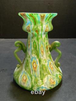 Vintage Hand Blown Murano Green Millefiori Handled Art Glass Vase 5.75x4.5 Exc