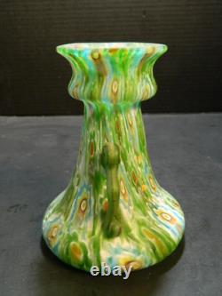 Vintage Hand Blown Murano Green Millefiori Handled Art Glass Vase 5.75x4.5 Exc