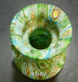 Vintage Hand Blown Murano Green Millefiori Handled Art Glass Vase 5.75x4.5 Exc