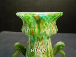 Vintage Hand Blown Murano Green Millefiori Handled Art Glass Vase 5.75x4.5 Exc