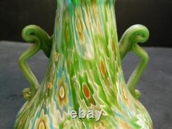 Vintage Hand Blown Murano Green Millefiori Handled Art Glass Vase 5.75x4.5 Exc