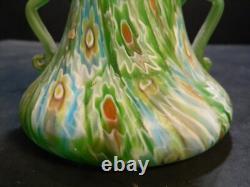 Vintage Hand Blown Murano Green Millefiori Handled Art Glass Vase 5.75x4.5 Exc