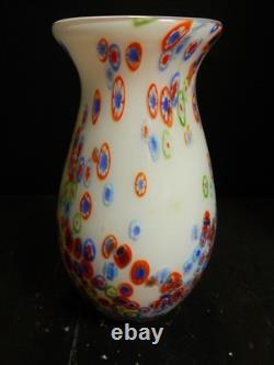 Vintage Hand Blown Murano Milleflori White Art Glass Vase 10.5 x 5 Excellent