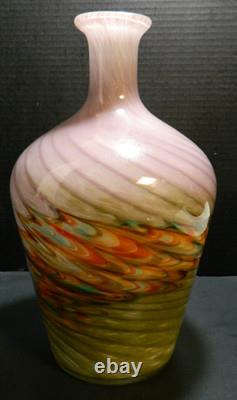 Vintage Hand Blown Murano Multi Color Swirl Feathered Pattern Bottle Vase 13.25