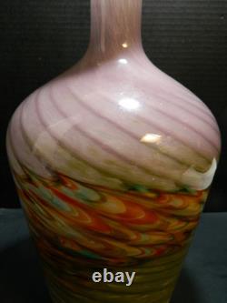 Vintage Hand Blown Murano Multi Color Swirl Feathered Pattern Bottle Vase 13.25
