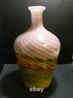 Vintage Hand Blown Murano Multi Color Swirl Feathered Pattern Bottle Vase 13.25