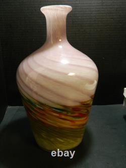 Vintage Hand Blown Murano Multi Color Swirl Feathered Pattern Bottle Vase 13.25
