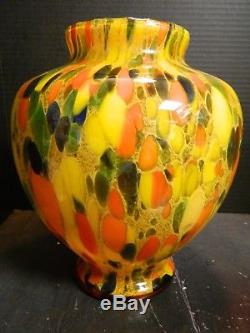 Vintage Hand Blown Murano Orange, Yellow & Black Spatter Art Glass Vase 11 x 8