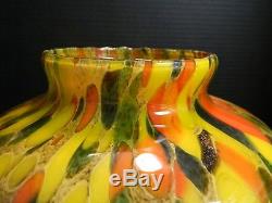 Vintage Hand Blown Murano Orange, Yellow & Black Spatter Art Glass Vase 11 x 8