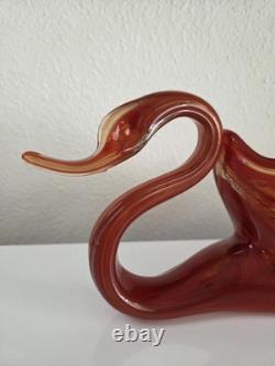 Vintage Hand-Blown Murano Style Art Glass Swan Bowl Red Orange Amber 17 MCM