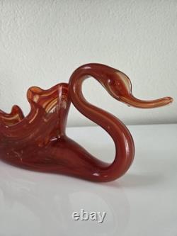 Vintage Hand-Blown Murano Style Art Glass Swan Bowl Red Orange Amber 17 MCM