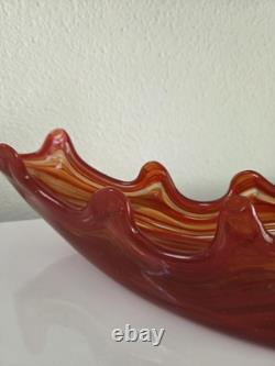Vintage Hand-Blown Murano Style Art Glass Swan Bowl Red Orange Amber 17 MCM