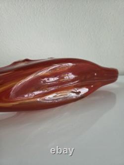 Vintage Hand-Blown Murano Style Art Glass Swan Bowl Red Orange Amber 17 MCM