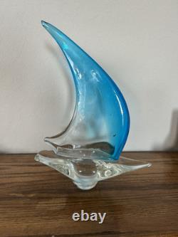 Vintage Hand Blown Murano Style Blue Tint Glass Sailboat 10 in. X 12 In. Read