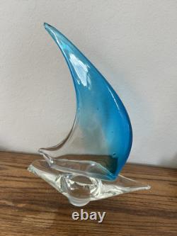Vintage Hand Blown Murano Style Blue Tint Glass Sailboat 10 in. X 12 In. Read