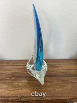 Vintage Hand Blown Murano Style Blue Tint Glass Sailboat 10 in. X 12 In. Read