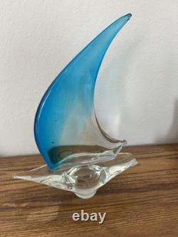 Vintage Hand Blown Murano Style Blue Tint Glass Sailboat 10 in. X 12 In. Read