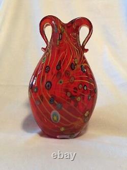 Vintage Hand Blown Murano Tall Red & Yellow Millefiori Glass Vase 11.75 Tall