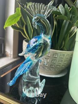 Vintage Hand Blown Murano Venetian Art Glass Bird Blue Green Cockatoo Figurine
