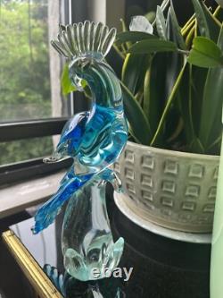 Vintage Hand Blown Murano Venetian Art Glass Bird Blue Green Cockatoo Figurine