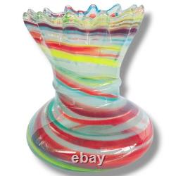 Vintage Hand Blown Rainbow Swirled Paint Ruffle Murano Style Top Art Glass Vase