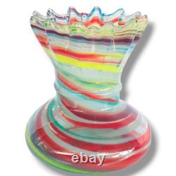 Vintage Hand Blown Rainbow Swirled Paint Ruffle Murano Style Top Art Glass Vase