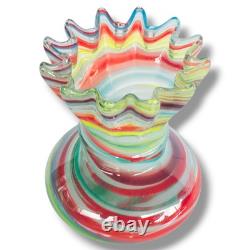 Vintage Hand Blown Rainbow Swirled Paint Ruffle Murano Style Top Art Glass Vase