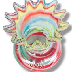 Vintage Hand Blown Rainbow Swirled Paint Ruffle Murano Style Top Art Glass Vase