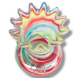 Vintage Hand Blown Rainbow Swirled Paint Ruffle Murano Style Top Art Glass Vase