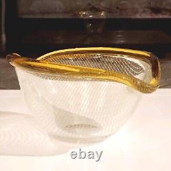 Vintage Hand Blown Reticello Murano Glass Vessel With Gold Accent