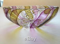 Vintage Handblown Art Glass Bowl Murano Style Ribbon Cane Glass, Signed