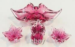 Vintage Heavy Cranberry Pink Hand Blown Murano Type Art Glass 4 Pieces