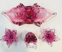 Vintage Heavy Cranberry Pink Hand Blown Murano Type Art Glass 4 Pieces