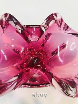 Vintage Heavy Cranberry Pink Hand Blown Murano Type Art Glass 4 Pieces