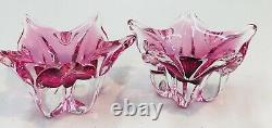 Vintage Heavy Cranberry Pink Hand Blown Murano Type Art Glass 4 Pieces