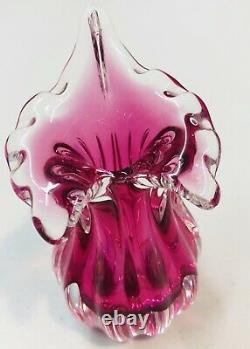 Vintage Heavy Cranberry Pink Hand Blown Murano Type Art Glass 4 Pieces