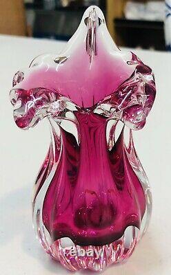 Vintage Heavy Cranberry Pink Hand Blown Murano Type Art Glass 4 Pieces