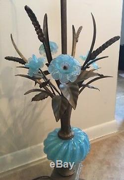 Vintage Italian 1960's Blue Murano Glass Lamp with Blue Opaline Glass Flowers