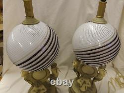 Vintage Italian Murano Art Glass Amber Gold Swirl Cherub Musicians 2 Table Lamps