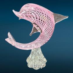 Vintage Italian Murano Art Glass Hand Blown Pink Striped Dolphin Figurine Statue