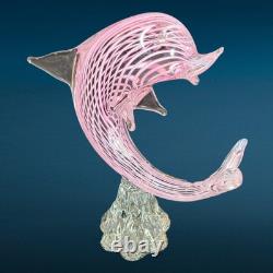 Vintage Italian Murano Art Glass Hand Blown Pink Striped Dolphin Figurine Statue