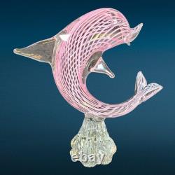 Vintage Italian Murano Art Glass Hand Blown Pink Striped Dolphin Figurine Statue