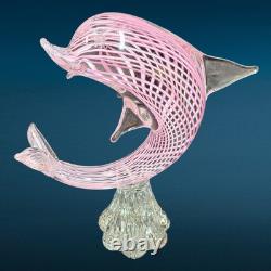Vintage Italian Murano Art Glass Hand Blown Pink Striped Dolphin Figurine Statue